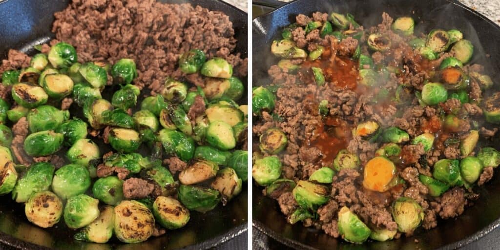 brussels sprouts in a cast iron skillet with ground beef and sweet chili sauce