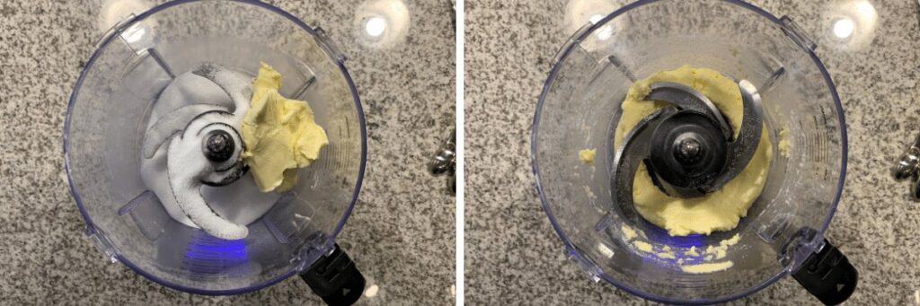 butter and sugar substitute in a food processor before and after creaming