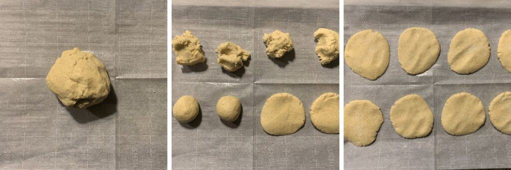 the final sugar cookie dough and the stages of dividing cookies, rolling, and sprinkling with sugar before baking