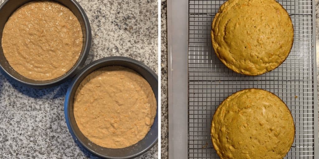 protein carrot cake batter in cake pans before baking beside two baked carrot cakes on a cooling rack