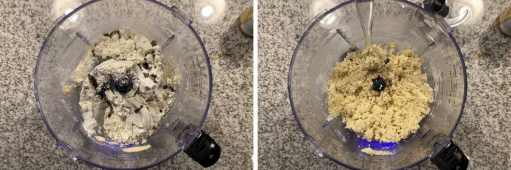 dry ingredients added to the creamed butter and sugar before and after pulsing to make sugar cookie dough