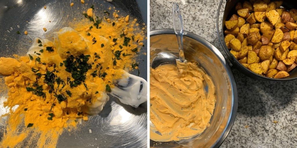 Greek yogurt mixed with cheddar powder and parsley for the cheese sauce