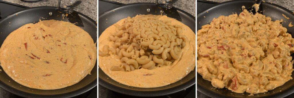 adding the cooked elbows to the cajun cheese sauce