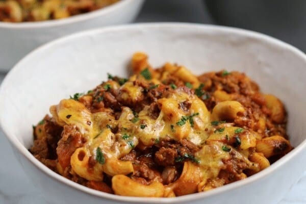 chipotle chili mac in a white bowl