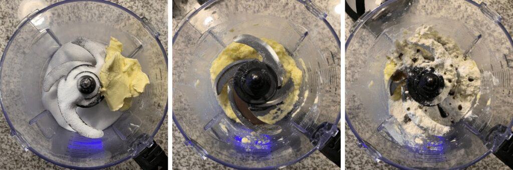 light butter and swerve in a food processor creamed together before adding dry ingredients and vanilla bean paste