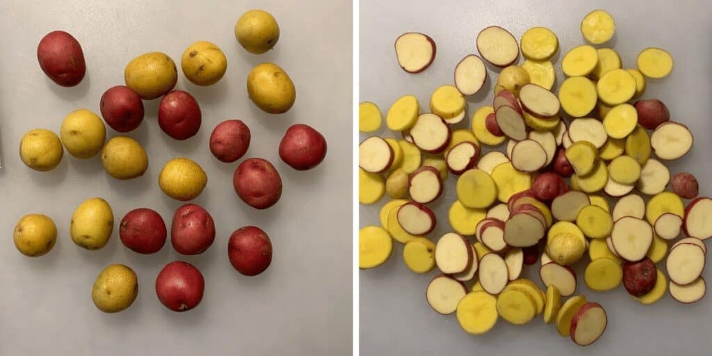 thinly sliced red and gold potatoes