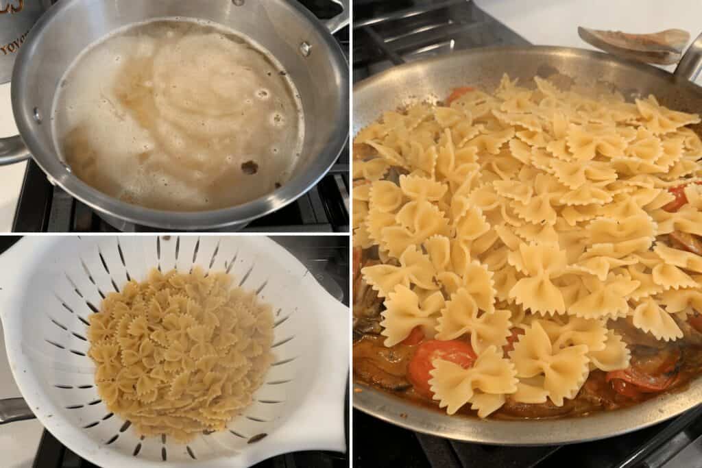 cooking and draining the pasta before adding the veggie and sausage mixture (1)