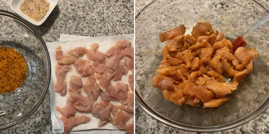 diced chicken breast on a paper towel before mixing with chili oil and spices