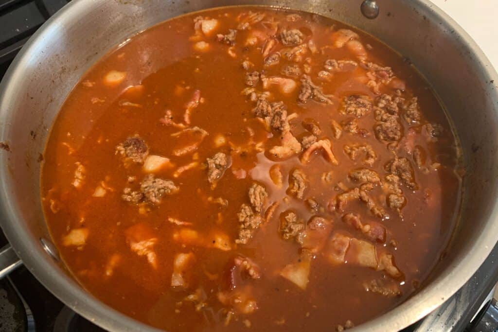 bbq, sriracha, worcestershire, and beef broth added to the ground beef and bacon