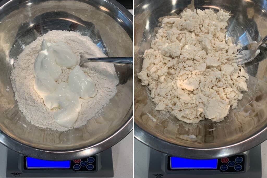 mixing the Greek yogurt with the dry biscuit dough ingredients