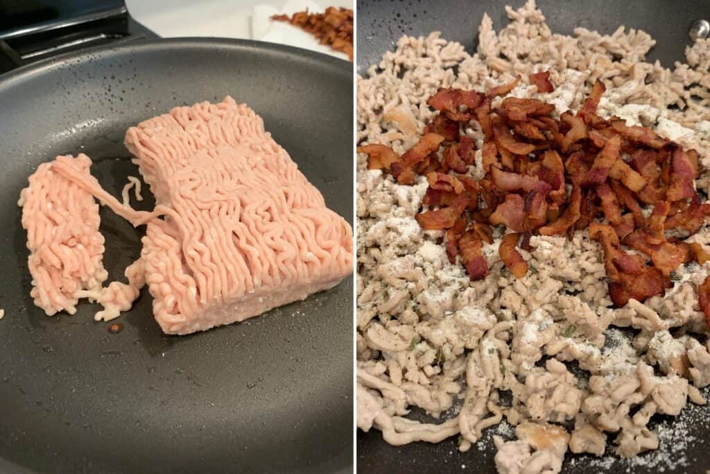 cooking the ground chicken with ranch seasoning and bacon