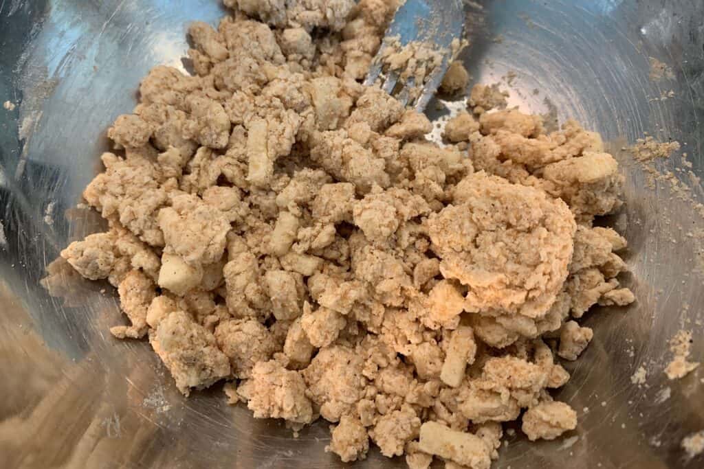 crumbly fritter dough after mixing in Greek yogurt