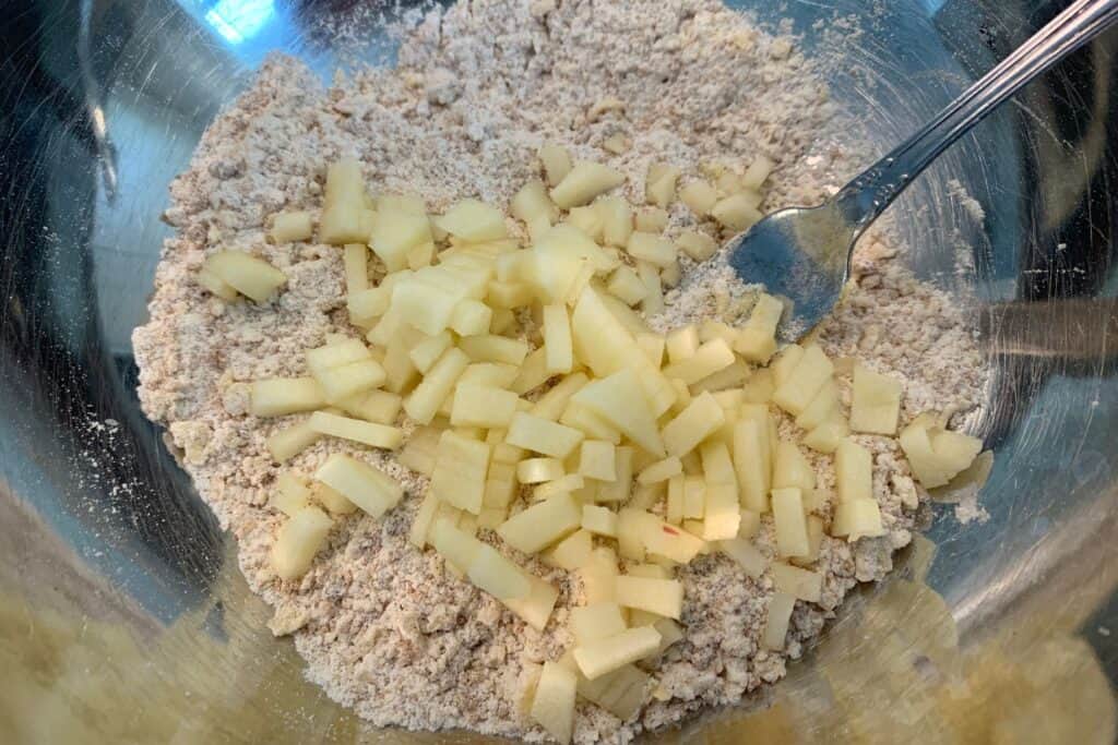 diced apple added to the dry ingredients