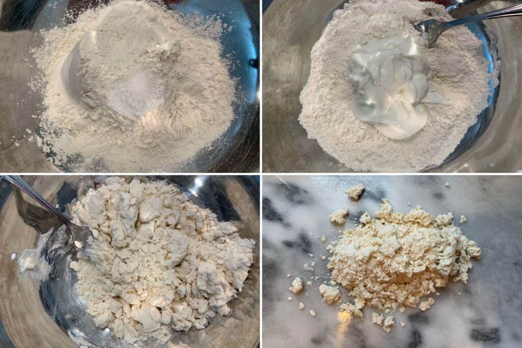 mixing all purpose flour, baking powder, salt, and Greek yogurt to make bread twists dough