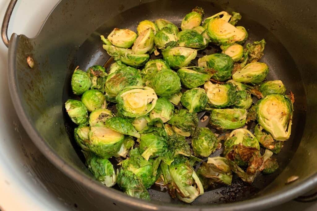 air fried brussels sprouts before adding the chili ginger chicken
