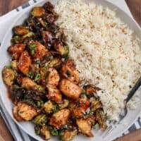 sweet chili chicken and brussels sprouts with rice