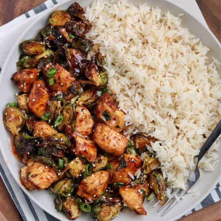 sweet chili chicken and brussels sprouts with rice