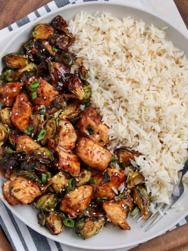 air fried sweet chili chicken and brussels sprouts with rice