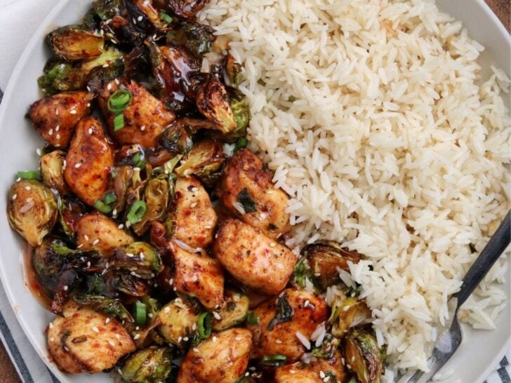 air fried sweet chili chicken and brussels sprouts with rice
