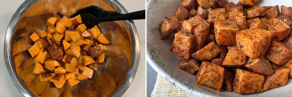 diced sweet potatoes before and after air frying