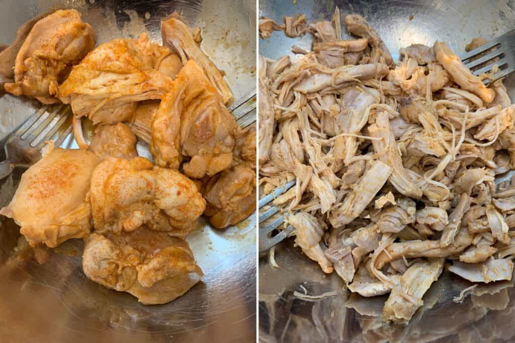 pulled chicken thighs before and after