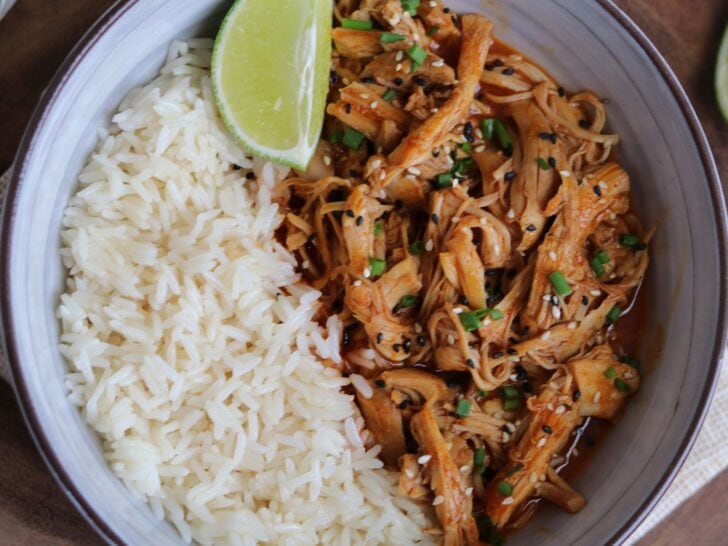 spicy coconut pulled chicken thighs in a bowl with jasmine rice and a lime wedge