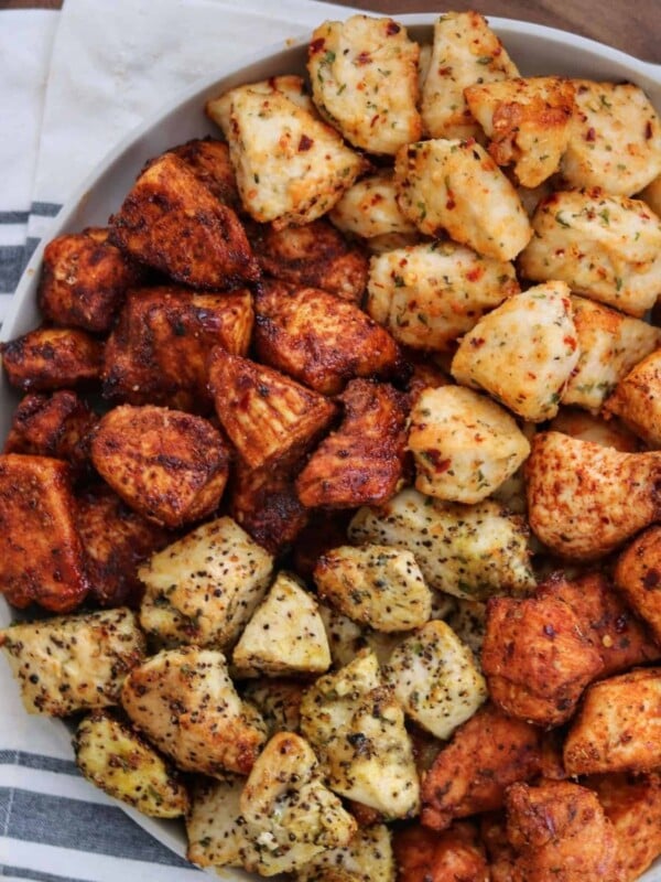 7 types of air fryer adult chicken nuggets on a plate