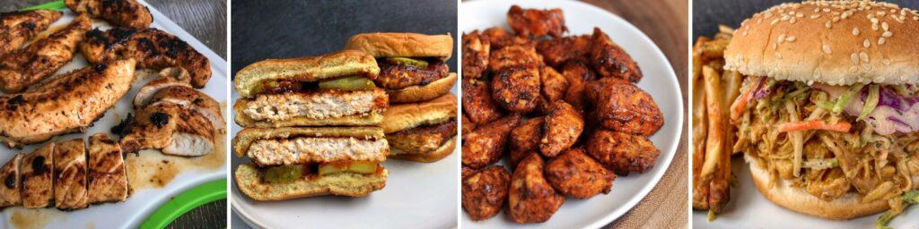 naked chicken tenders, spicy chicken burger, spicy air fryer nuggets, and bbq crockpot chicken