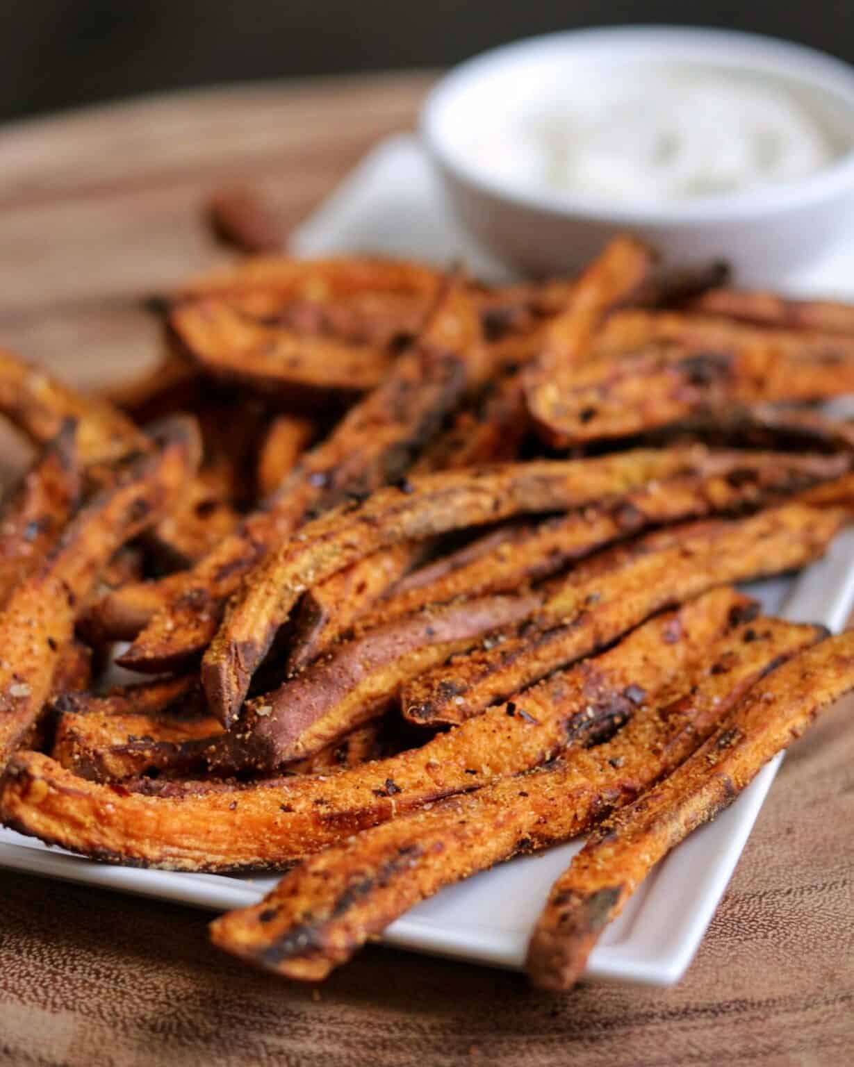 Spicy Air Fryer Sweet Potato Fries + Creamy Chili Lime Dip