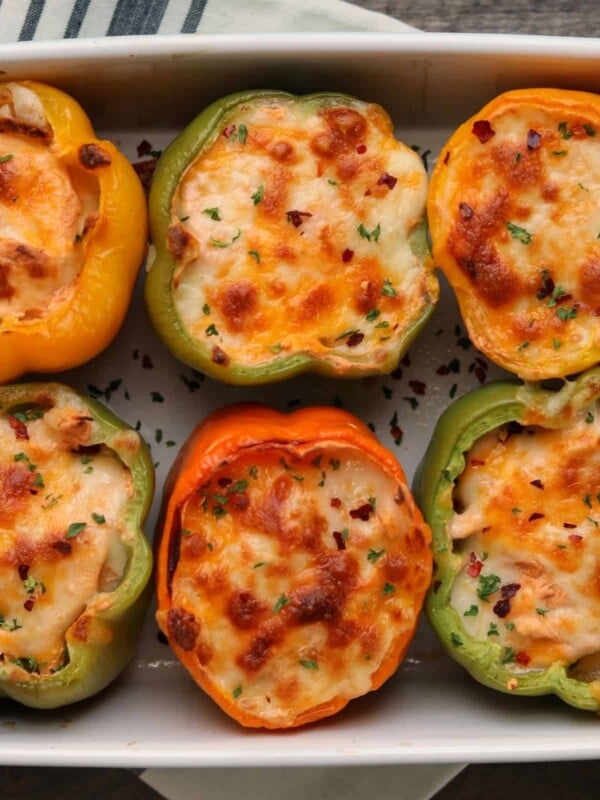 6 buffalo chicken stuffed peppers in a baking dish