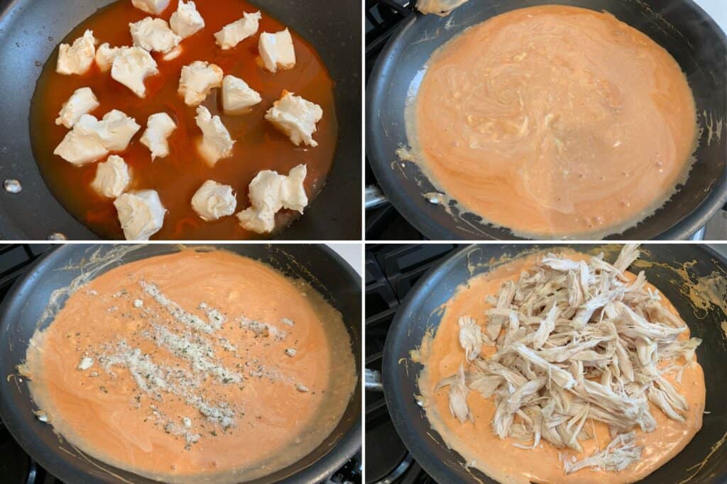buffalo sauce, chicken stock, cream cheese, ranch seasoning, and rotisserie chicken in a nonstick skillet