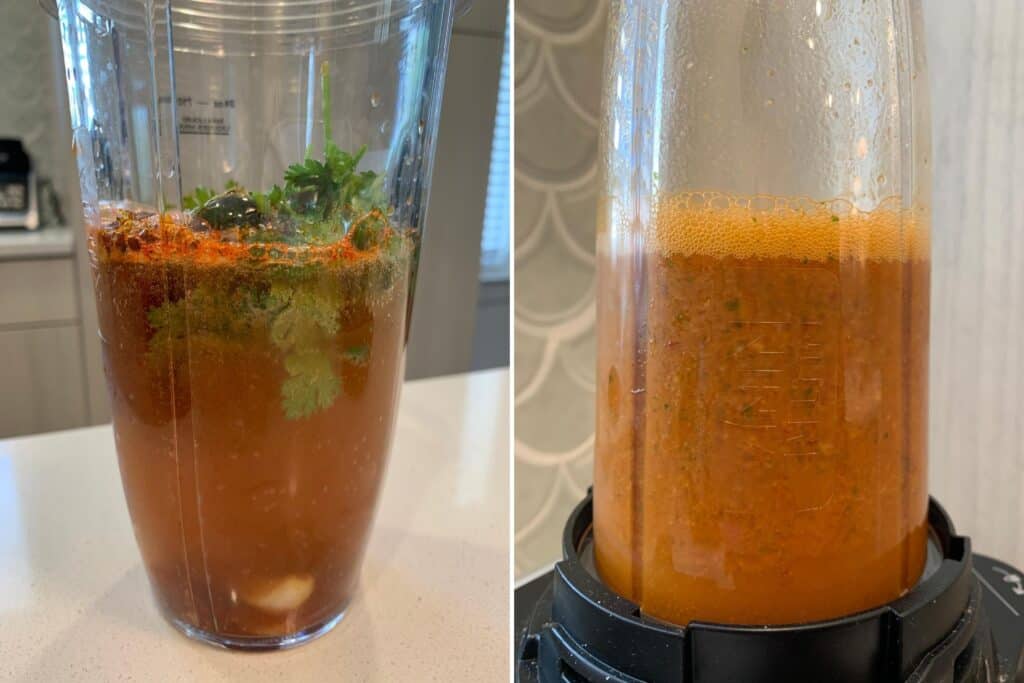 cilantro, lime juice, peeled garlic, chipotle peppers, salt, and cerveza in a food processor