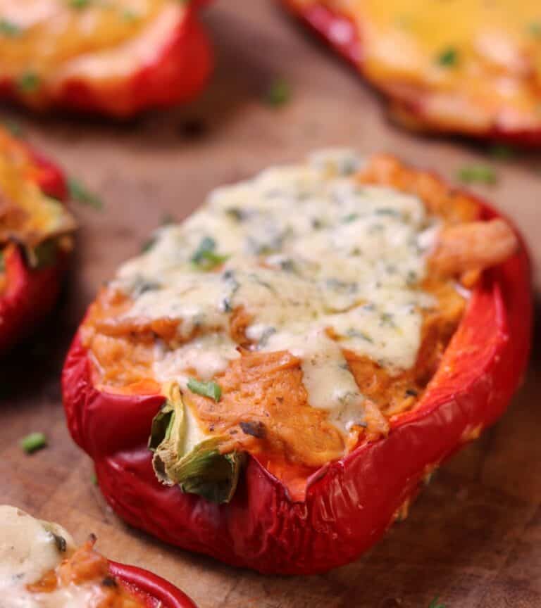 Cheesy Buffalo Chicken Stuffed Peppers with Rotisserie Chicken