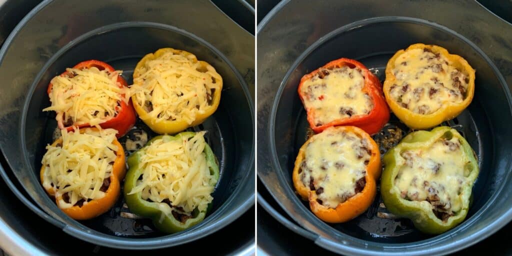 stuffed peppers in the air fryer topped with pepper jack cheese