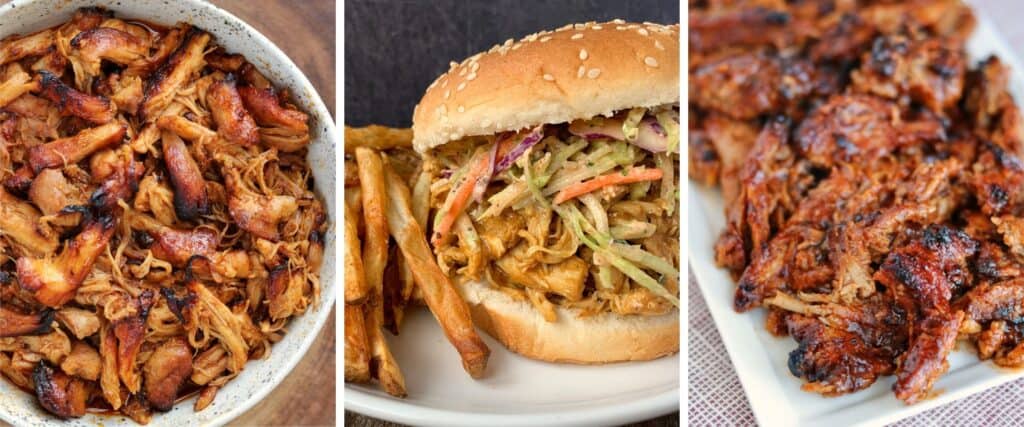 BBQ pulled chicken thighs, slow cooker pulled chicken breast, and spicy BBQ pulled pork tenderloin