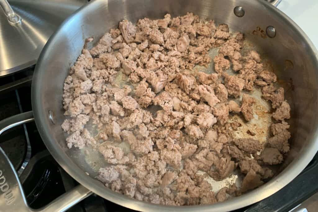 cooked ground turkey in a sauté pan