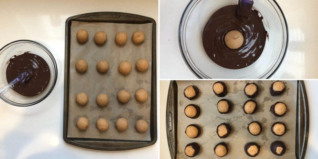dipping the peanut butter balls in the melted chocolate