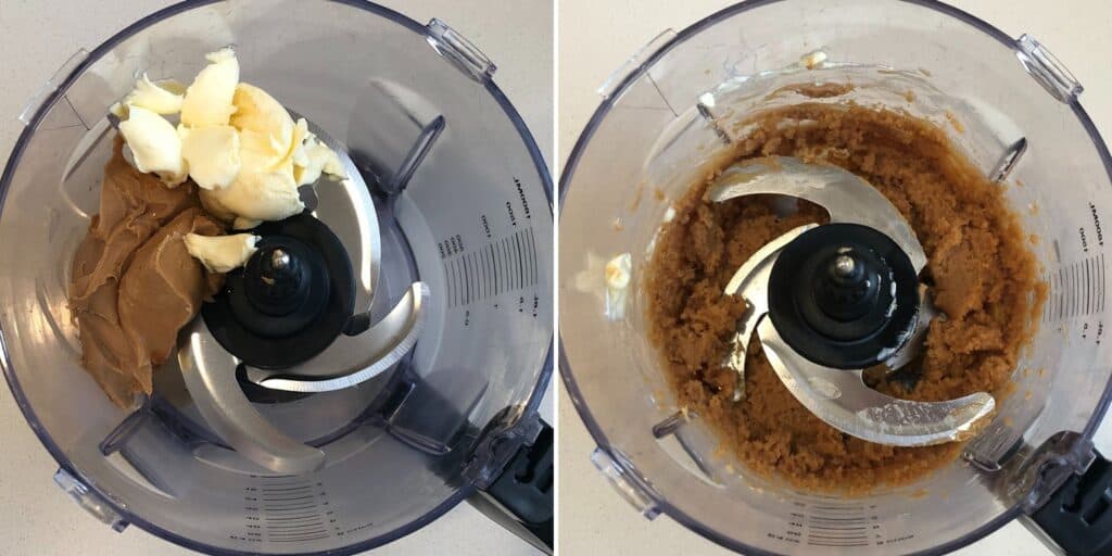 mixing peanut butter, butter, and vanilla in a food processor