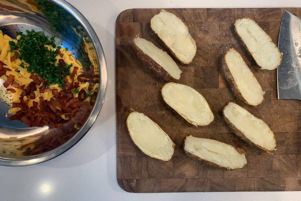 air fryer baked potatoes cut in half
