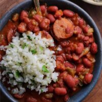 red beans and cauliflower rice in a bowl