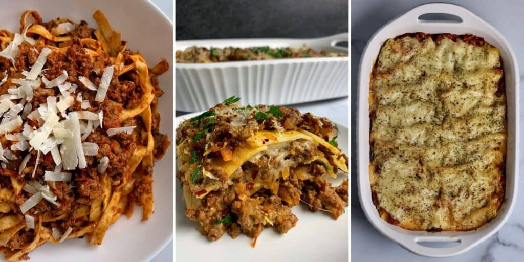 fettuccine bolognese, low carb lasagna, beef and ricotta cannelloni