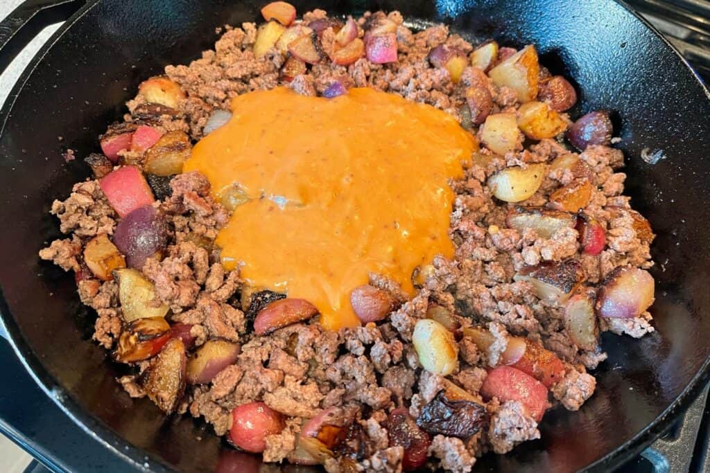 burger sauce added to the cooked ground beef and radishes
