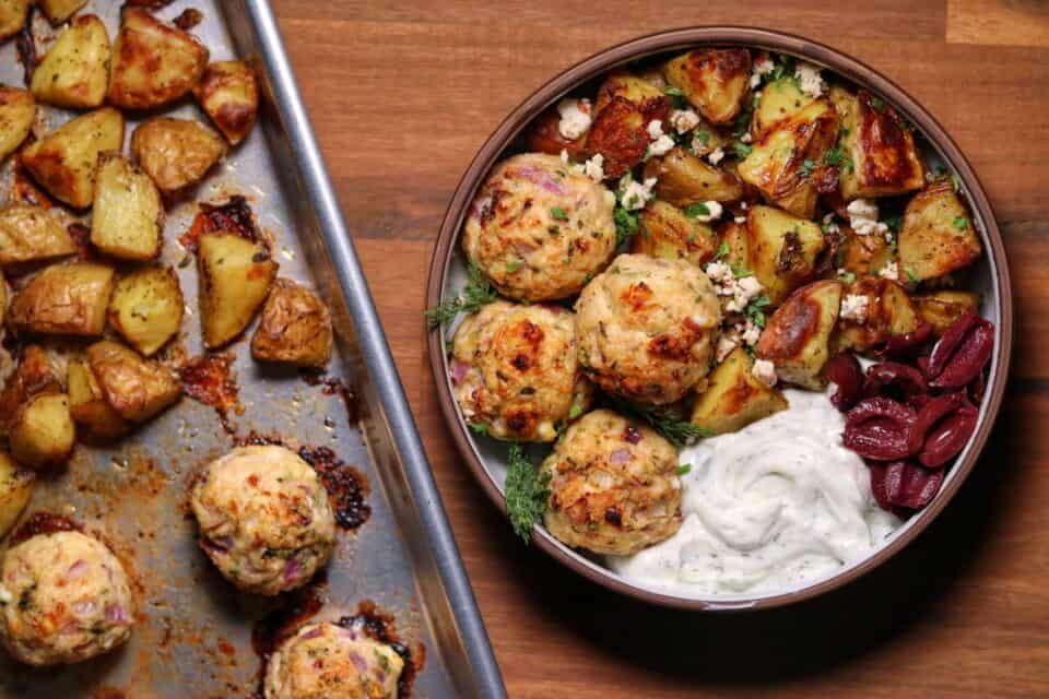 Sheet Pan Greek Chicken Meatballs and Potatoes Kinda Healthy Recipes