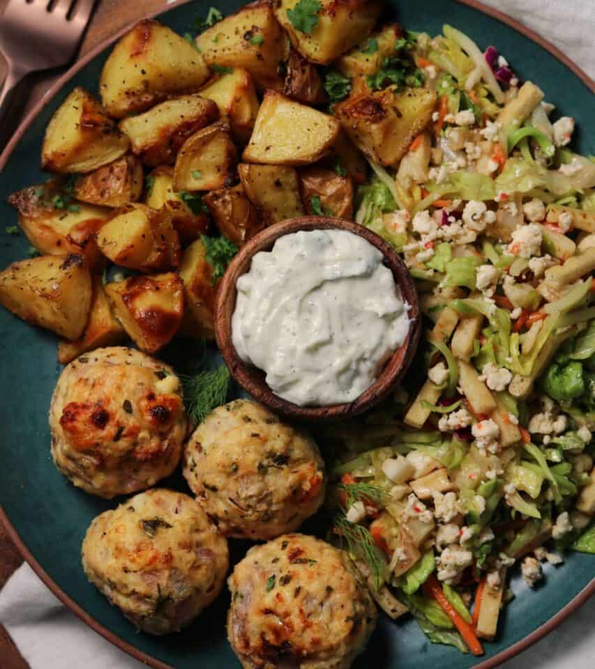 Sheet Pan Greek Chicken Meatballs and Potatoes Kinda Healthy Recipes