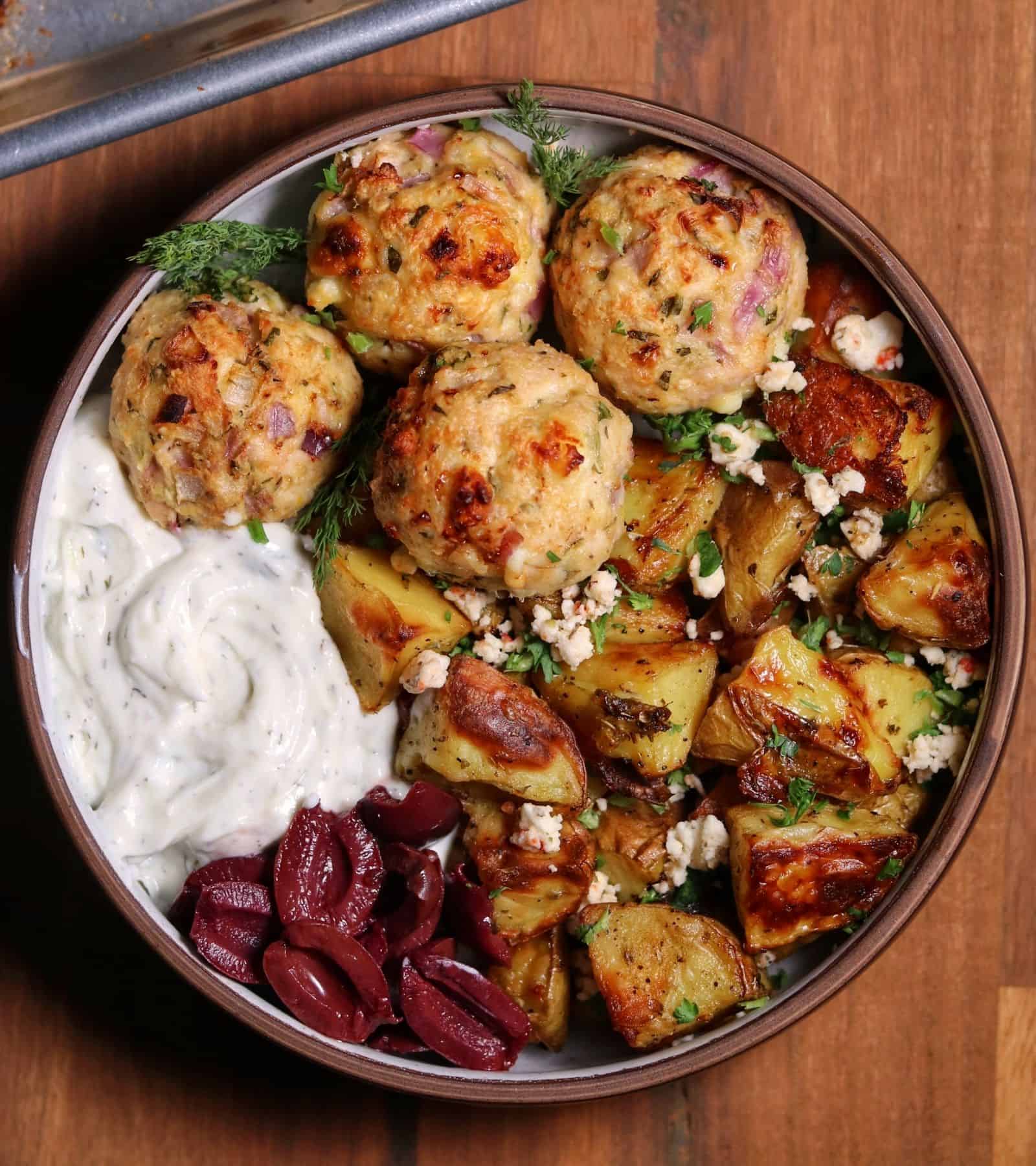 Sheet Pan Greek Chicken Meatballs And Potatoes - Kinda Healthy Recipes