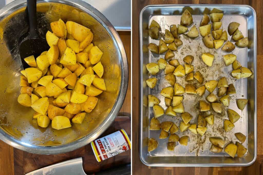 Cavenders Greek seasoning and quartered baby gold potatoes with olive oil