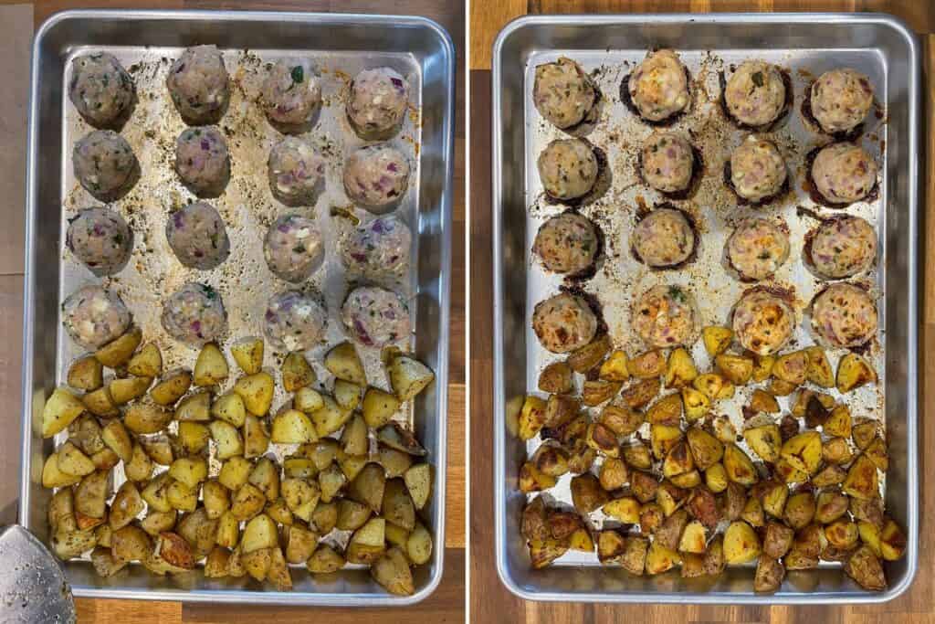 before and after baking the Greek meatballs and potatoes