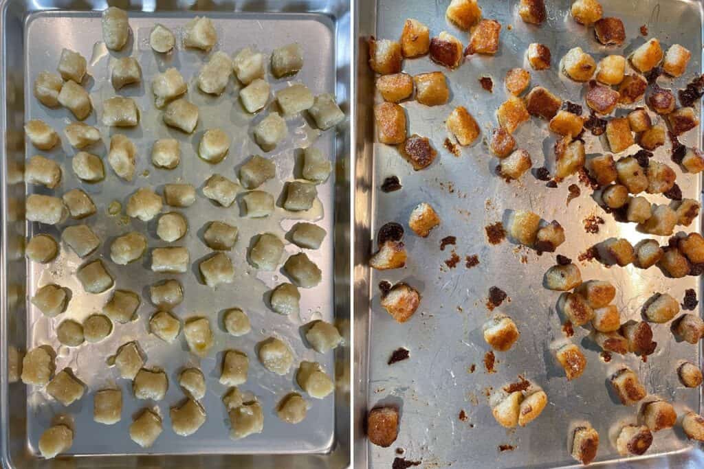 cauliflower gnocchi on a half sheet pan before and after roasting in the oven