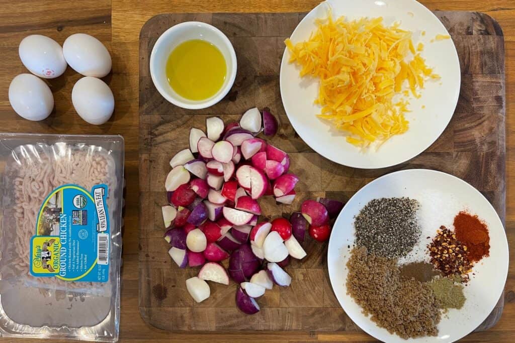 ground chicken, eggs, quartered radishes, olive oil, shredded cheddar, and breakfast sausage seasoning ingredients