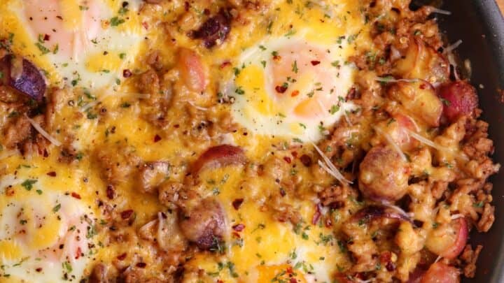 Low Carb Chicken Sausage, Egg, and Cheese Breakfast Skillet